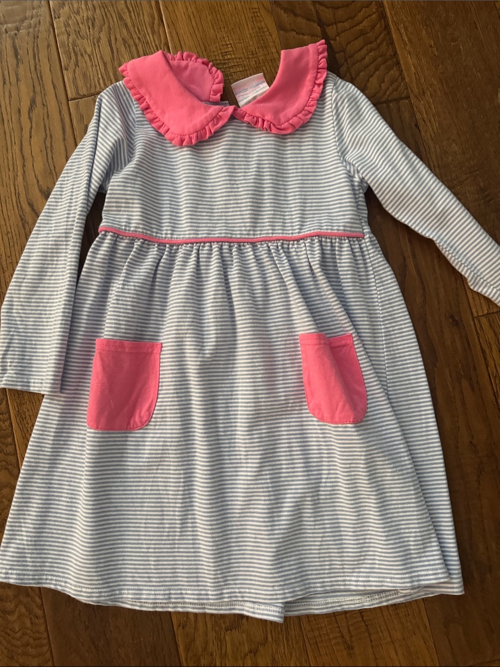 Girls' Striped Long-Sleeve Dress with Pink Ruffle Collar